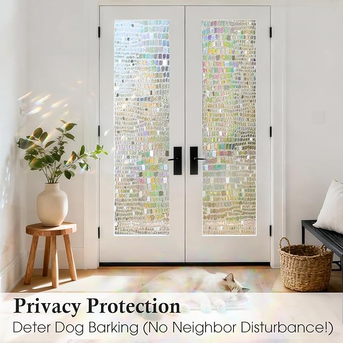 Windimiley Rainbow Window Privacy Film, 3D Stained Glass Christmas Decorative Window Clings, UV Heat Blocking Holographic Prism Stickers for Home(17.5 x 118.1In,Pure)