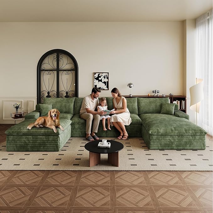 136" Cloud Sectional Couch U-Shaped Chaise with Ottoman, Corduroy Boneless Couch for Living Room Bedroom, Deep-Seat Upholstered Modular Cloud Sofa, No Assembly Required (Green, Right Facing Chaise)