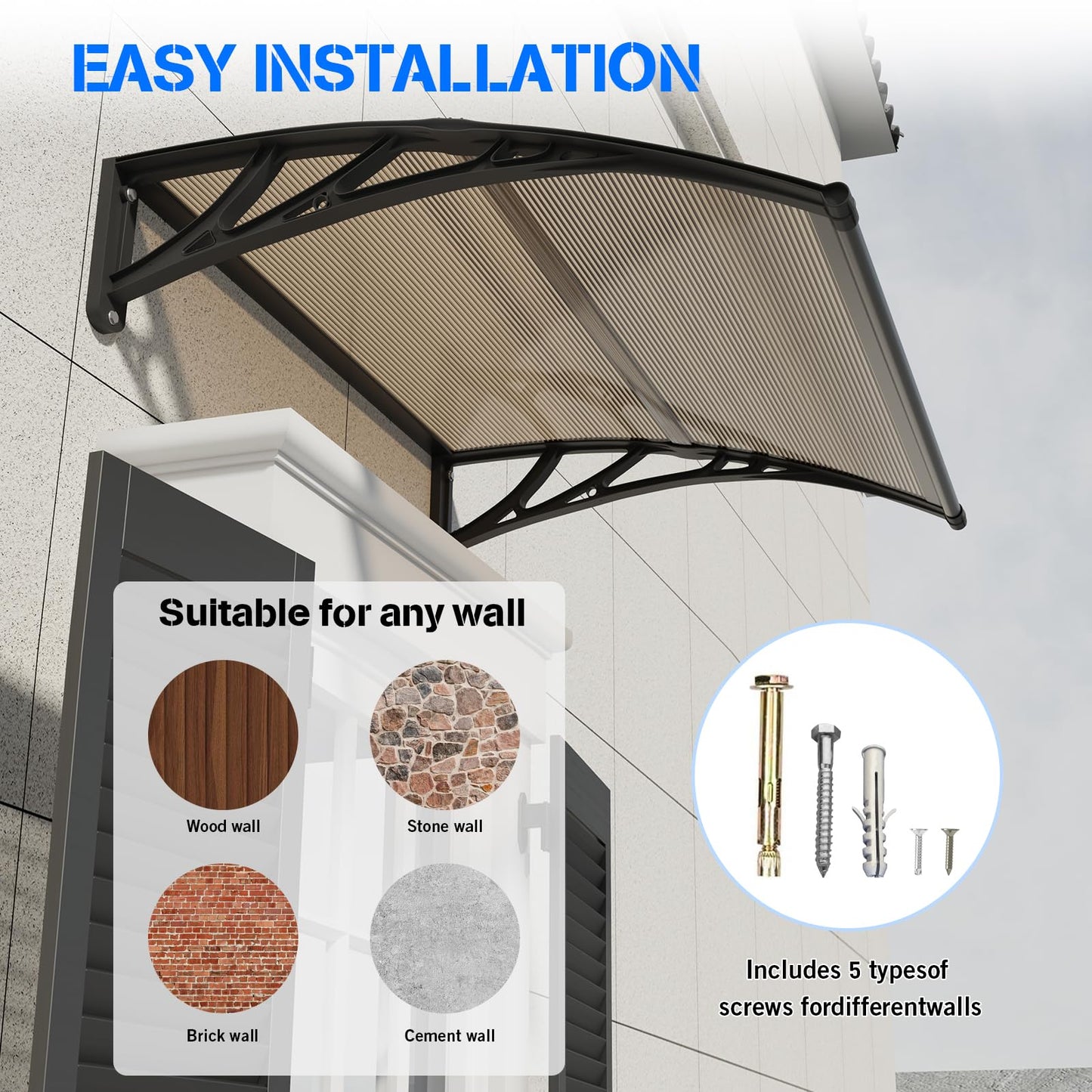 Awning for Door Entrance,40X80 Inches Awnings for Doors,Window Awning Canopy Exterior with Plastic Steel Bracket,Polycarbonate Cover,UV,Rain,Snow Protection for Porch,Patio,Deck