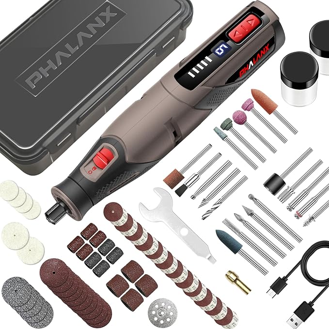PHALANX Cordless Rotary Tool Kit, 4V 4000mAh Battery, 80 Accessories, 9 Speed Settings, 28000 RPM Max, Type-C Charging (PRT-Brown)