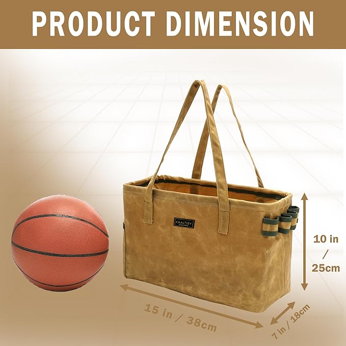 Open Top Tool Bag, Heavy Duty 16oz Waxed Canvas Tool Bag with Inside Pockets & Sturdy Handles - for Gardner Carpenter Craftsman - Tool Tote Bag Pouch | 15"Lx7"Wx10"H | Khaki