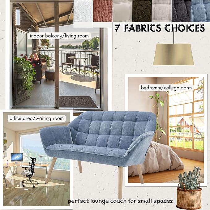 Hyfirm Small Loveseat Sofa, 48 inch Chenille Love Seat for Living Room Comfy Mini Couch with Wood Legs for Small Spaces Bedroom Apartment Office, Blue