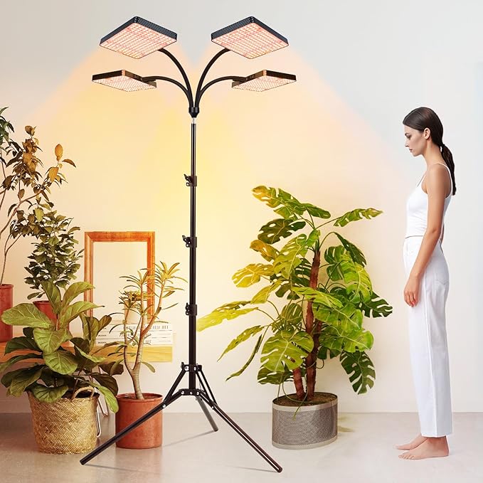 FECiDA 2026 4Head Grow Light with Stand, 100 Watt Power Draw, Bright and Big Coverage Grow Lights for Large Houseplants, Bonsai Tree, 4/8/12/16/20 Hr Timer, 24"-72" Height Adjustable, 360° Gooseneck
