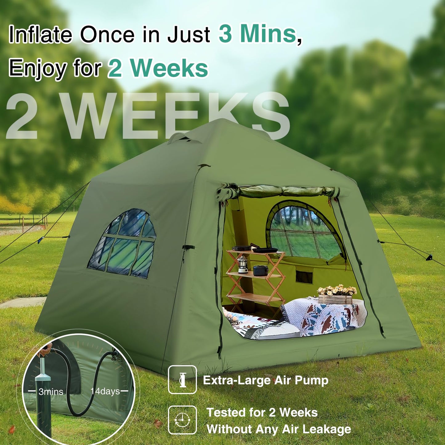 KNUO Inflatable Tent for Winter Camping 7.8x7.8ft Blow Up Air Tents, No Assembly Needed Luxury Glamping Tent for 1/2/3 People, Waterproof Oxford, Field Green