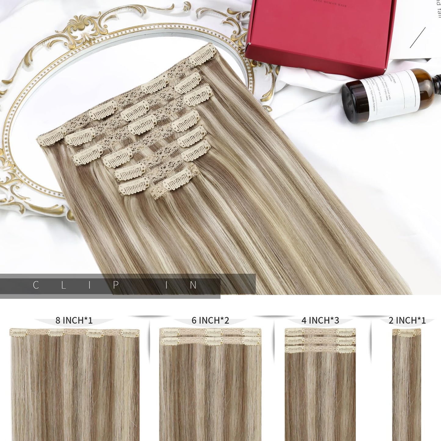 Moresoo Blonde Clip in Hair Extensions for Women Brown Highlight Real Hair Extensions Clip in Human Hair Light Brown with Blonde