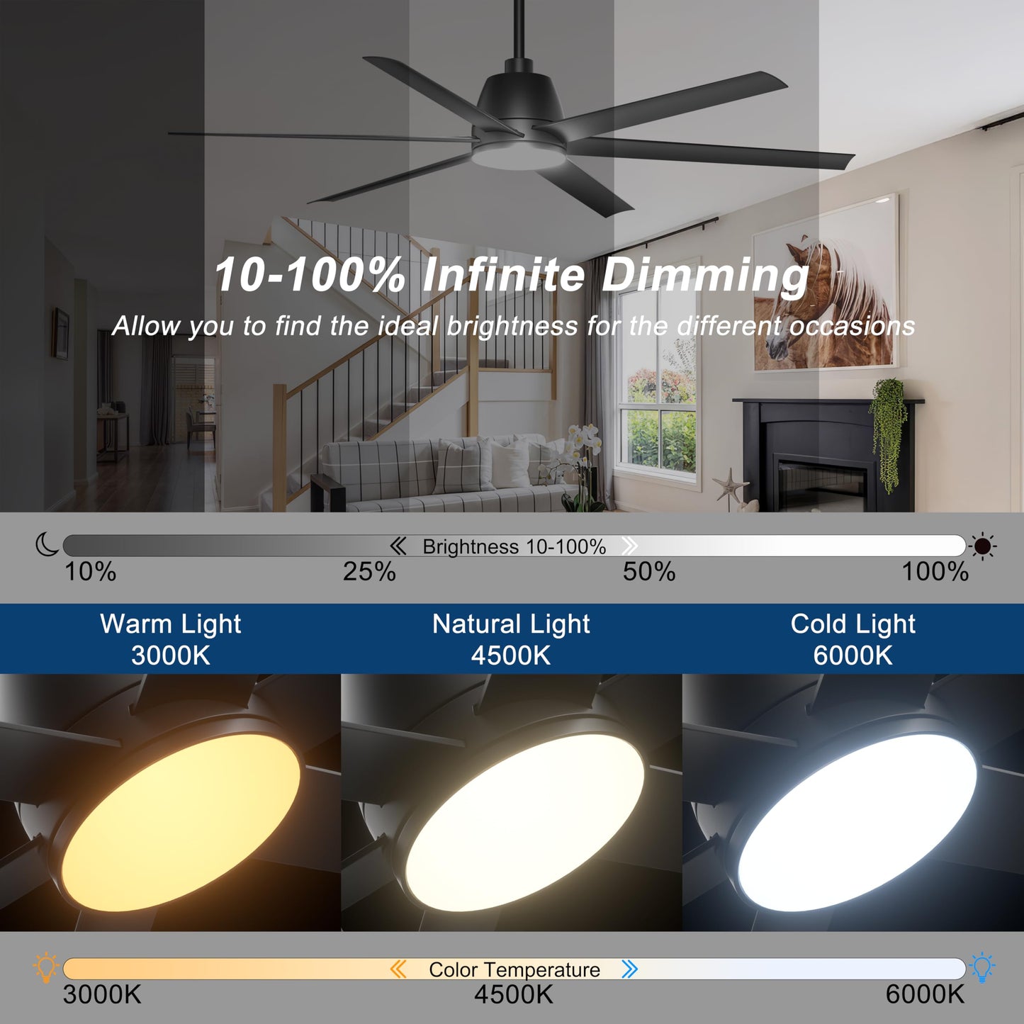 Phylluz 65 Inch Ceiling Fan With Lights - Black Ceiling Fan With Remote & App Control, 3Cct, Dimmable, Quiet Reversible Dc Motor