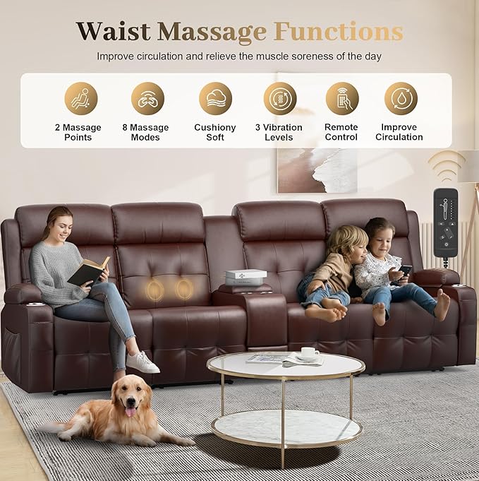 Aotolo Recliner Sofa, Massage Reclining Sofa 4 Seater Sets Heavy Weight Capacity, RV Loveseat Couch Clearance with Console, USB, Type C Port, Storage, Cup Holders, Wall Hugger Chair for Living Room