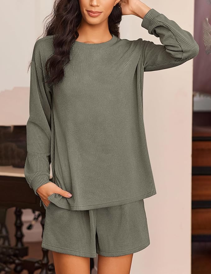 Ekouaer 2 Pieces Lounge Set for Women Long Sleeve Pajamas Top and Shorts Matching Sets Outfits with Pockets