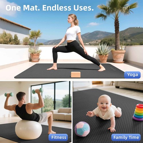 GymCope Large Yoga Mat 6'x4', Extra Wide Non-Slip TPE Exercise Mat 6/8/10/12mm, Thick Oversized Workout Mat for Home Gym, Pilates, Cardio, Stretch & Weight Training, with Towel, Straps & Carry Bag