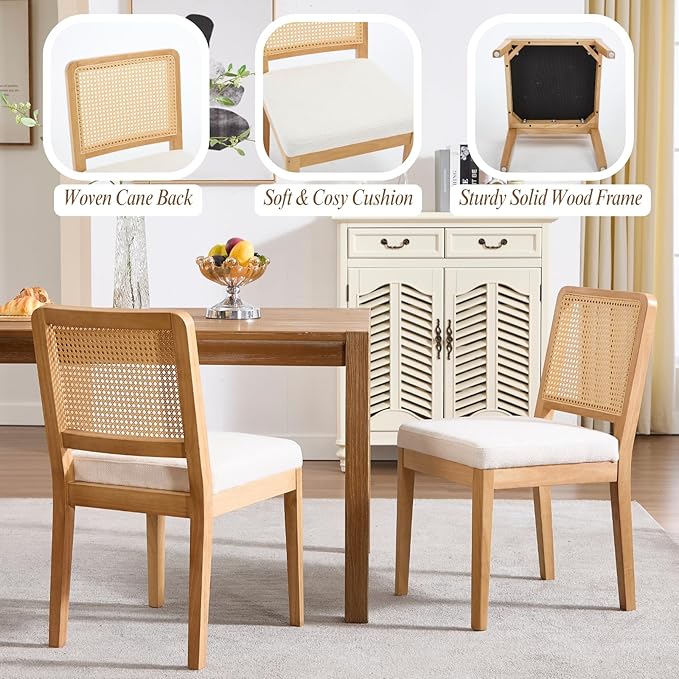 LukeAlon Set of 2 Mid Century Dining Chairs - Farmhouse Kitchen Chairs with Woven Rattan Back, Plush Chenille Upholstered Seats, Solid Wood Legs for Dining Room & Breakfast Nook, White