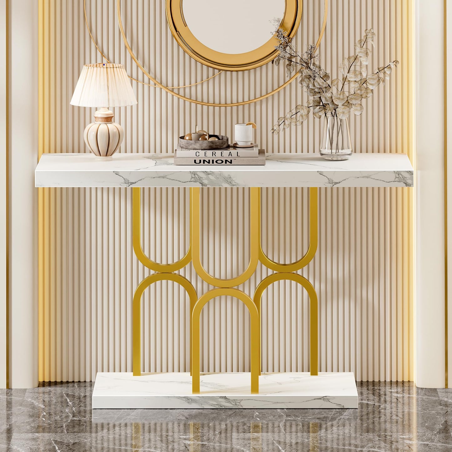 Huuger 47.2 Inch Entryway Table with Marble Top, Modern Console Sofa Table, Accent Table, for Entry, Hallway, Entrance, Foyer, U-Shaped Metal Base, White Marble & Gold