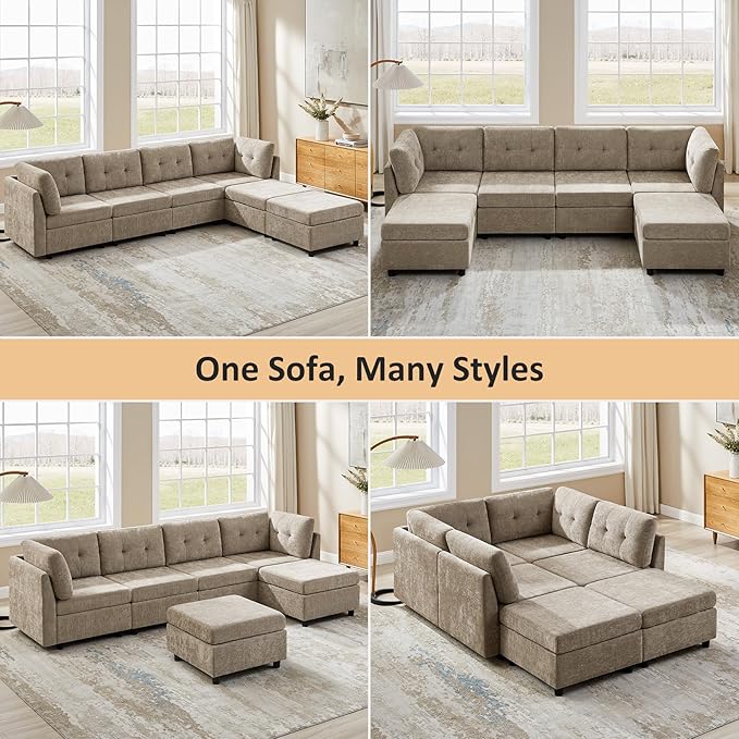 VANOMi 4 Seater Modular Cloud Sofa with 2 Ottomans, 118" Sectional Sofas & Couches for Living Room, Comfy Chenille Cloud Sectional Couch Sofas for Living Room, Apartment, Office, Camel, U Shaped