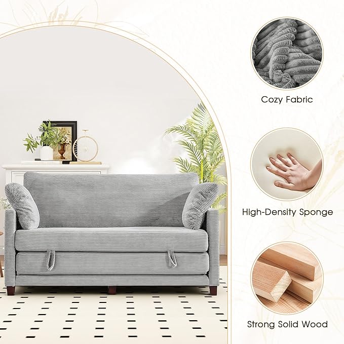 65" Convertible Loveseat Sofa Bed, 2-in-1 Folding Sofa Bed with 2 Pillow for Small Spaces, Modern Loveseat Sleeper Couch for Apartment, Living Room & Guest Room (Light Grey Corduroy, 65 inch)
