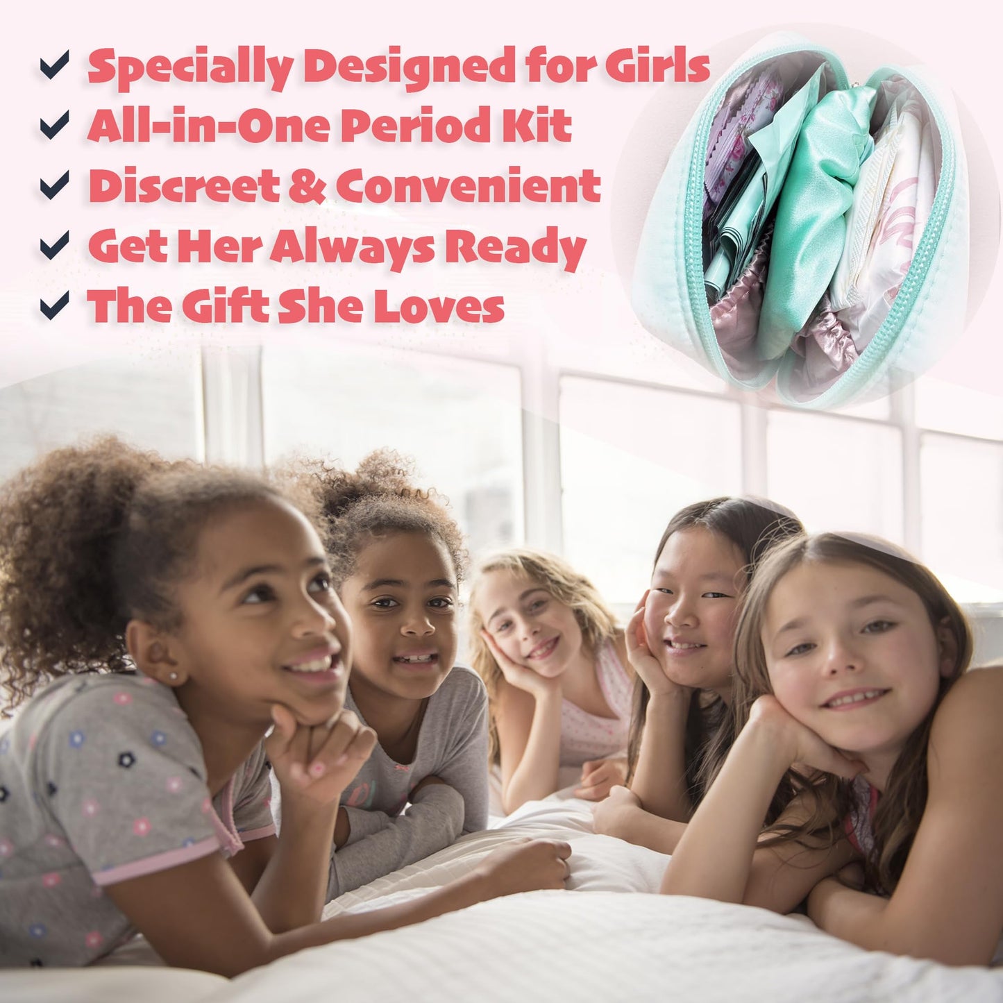multipieyo Essential First Period Kit for Girls 10-12 | Period Bags for Teen Girls for School | First Period Gift with Sanitary Pad Storage Bag, Wipes, Period Tracker and More(Mint)
