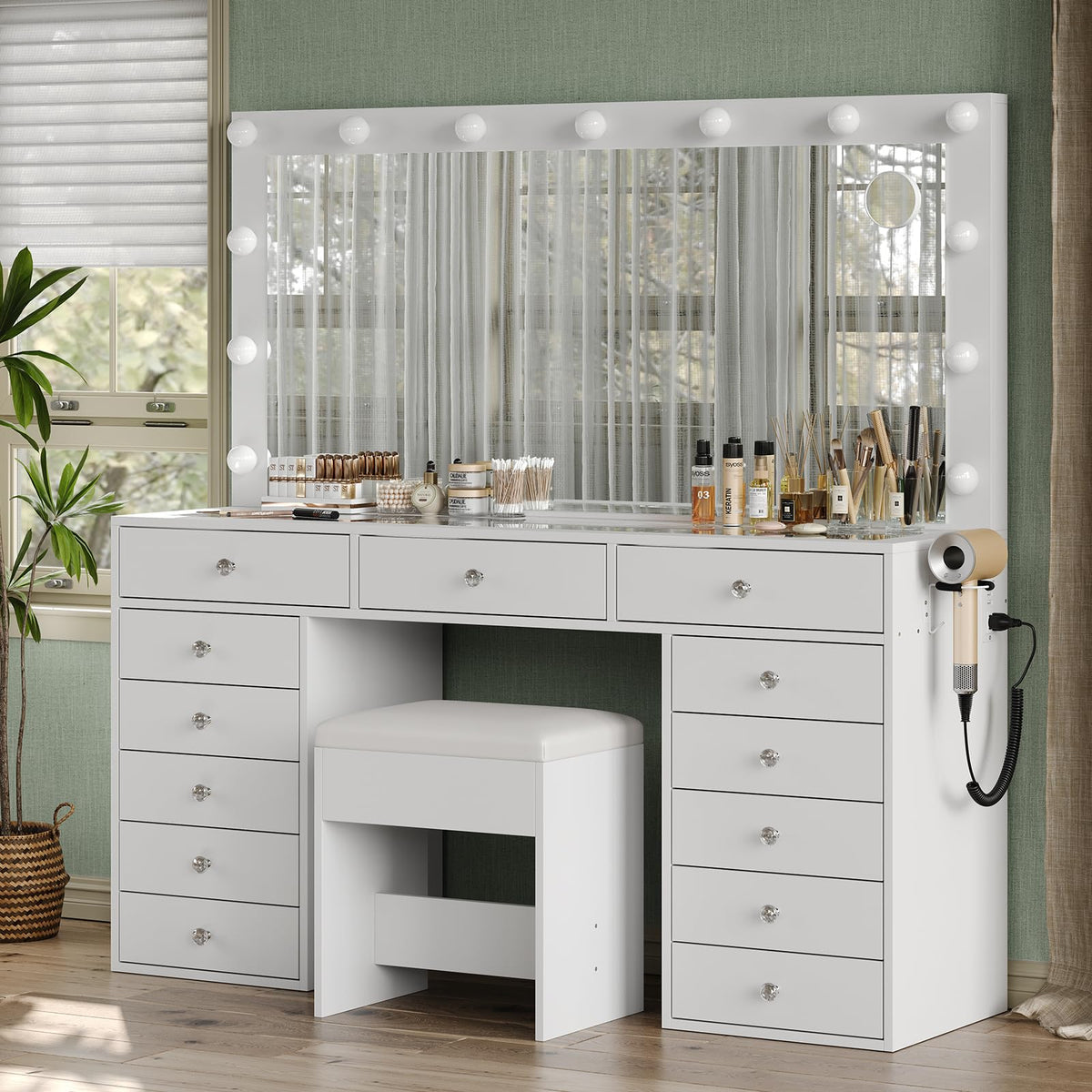 FUSOU 55'' W Makeup Vanity with Power Outlet & Lighted Mirror, Vanity Desk 13 Drawers Glass Top, 3 Lighting Modes Adjustable, Dressing Table with Chair for Bedroom