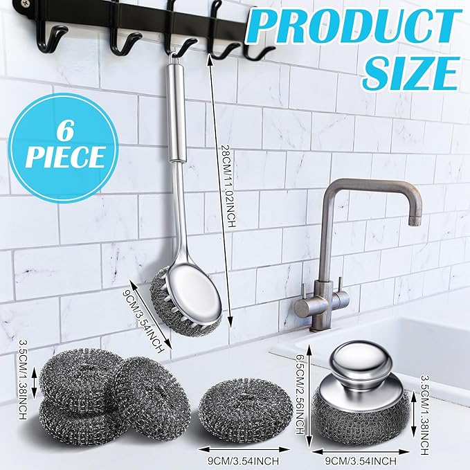 6 Pack Stainless Steel Scrubber with Handle, Silver Stainless Steel Pan Cleaner Deep Cleaning Scrubber for Dishes Tableware Home Kitchen Cast Iron, Stock Pots, Pans