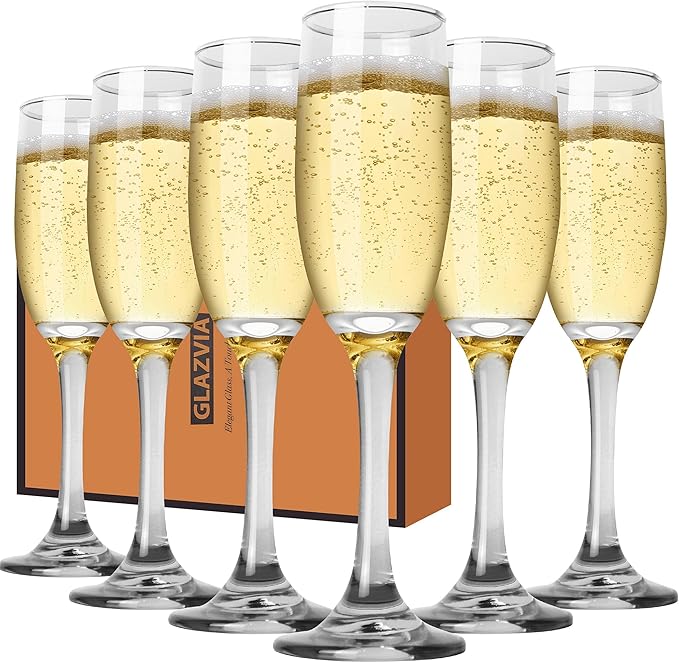 GLAZVIA Champagne Flutes Glasses Set of 6-6oz Elegant Crystal Glass, Classic Long Stem Clear Champagne Flute Gift for Wedd...