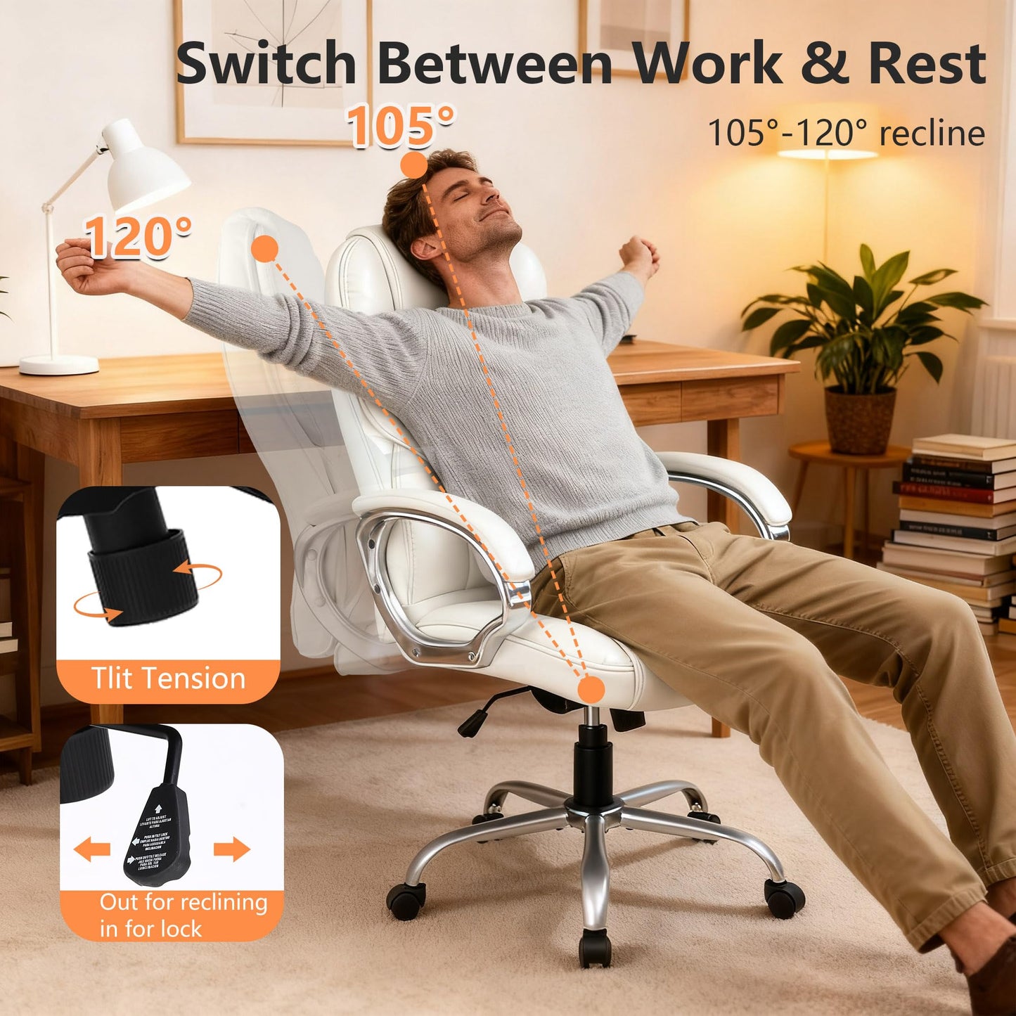 FDW Office Chair Computer High Back Adjustable Ergonomic Desk Chair Executive PU Leather Swivel Task Chair with Armrests Lumbar Support (Beige)