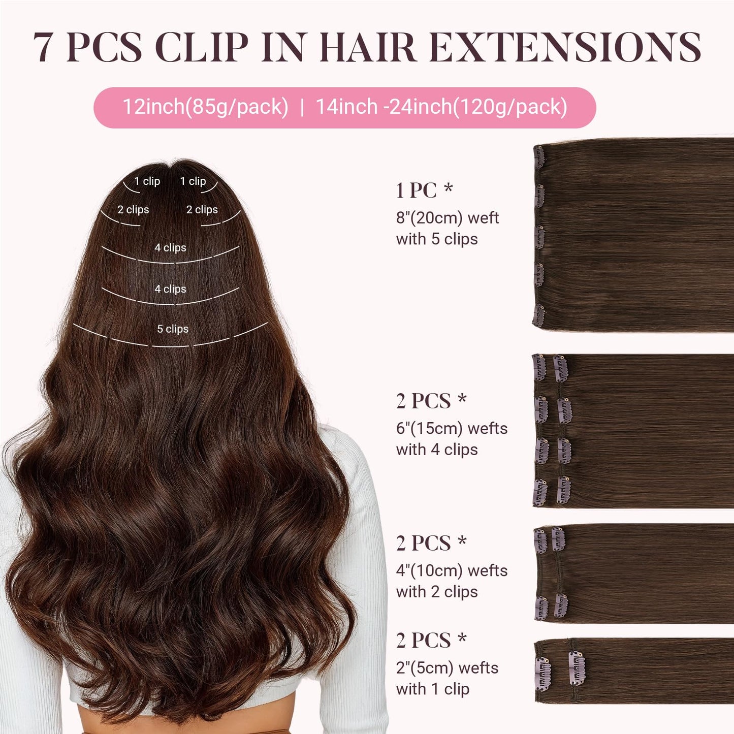MAXITA Clip in Hair Extensions Real Human Hair, 7 pcs Chocolate Brown 24 Inch 120g, Clip ins Remy Hair Natural Straight Hair for