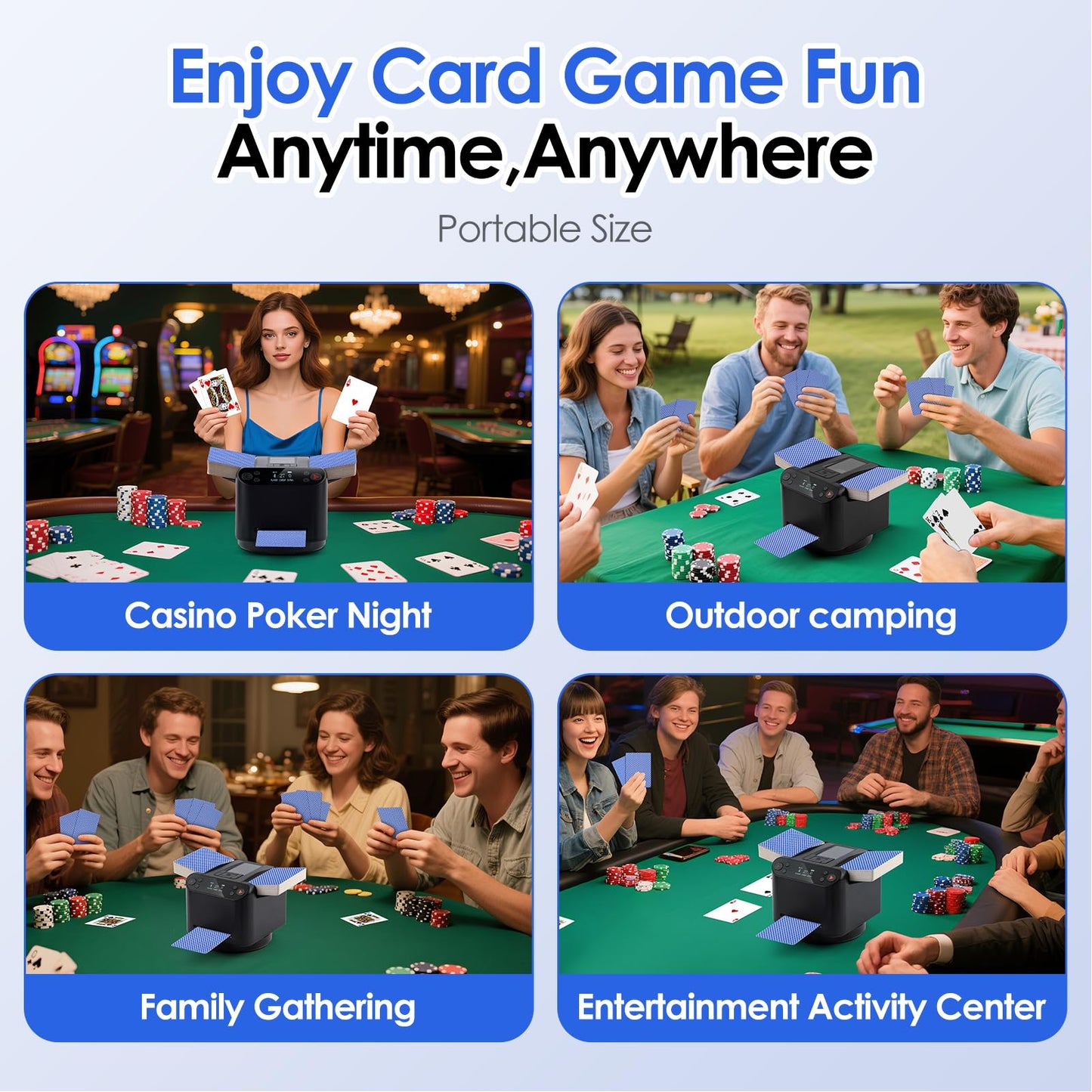 Automatic Card Shuffler and Dealer 2-in-1 with Extra Gift 100PCS Poker Set and Casino Felt - Support 12 Players, 4 Drawing Remotes, Built-in Gameplays, 360°/180° Deal, 2 Decks for Poker, UNO, Phase 10