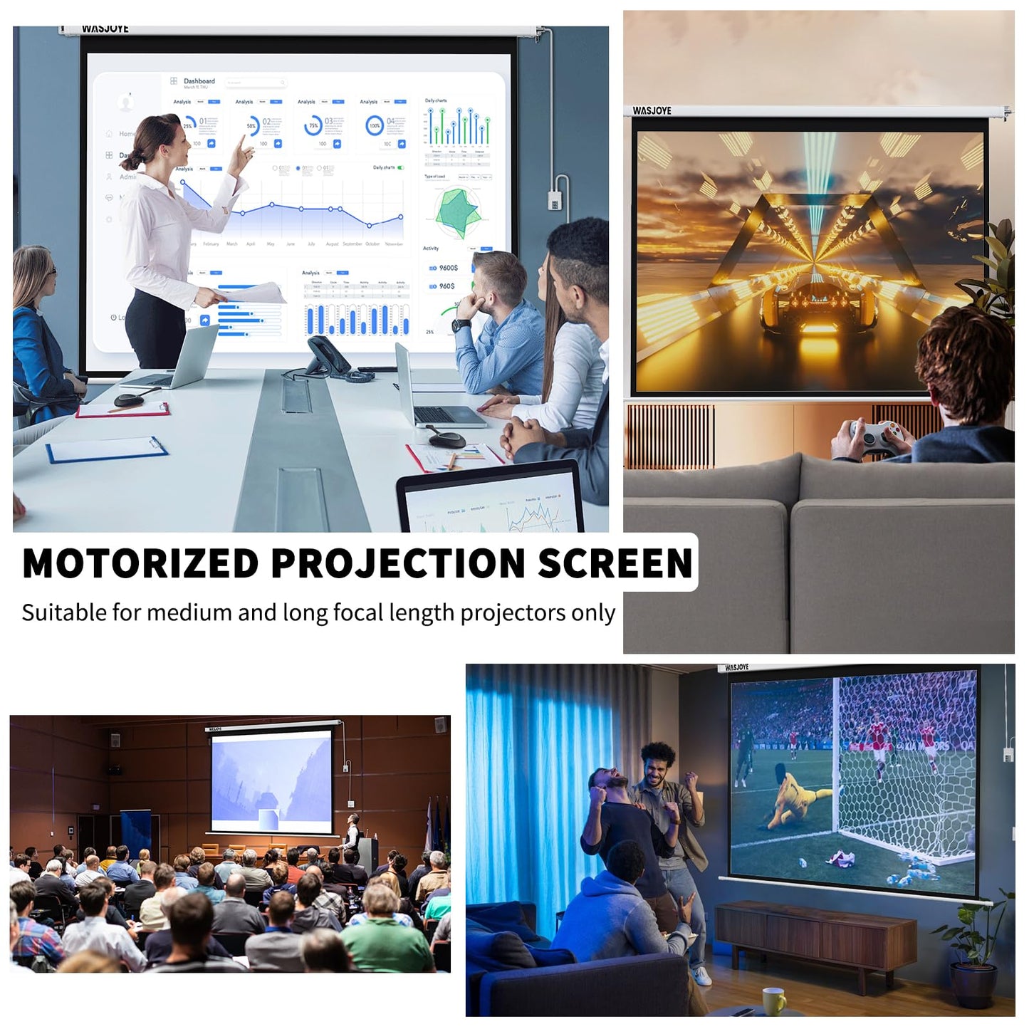 WASJOYE 100 Inch Motorized Projector Screen with Remote Control - 4:3 Electric Drop Down Projector Screen for Wall or Ceiling Mount, 8K HD & Dual Power Supply for Home Theater, Office, Gaming, School