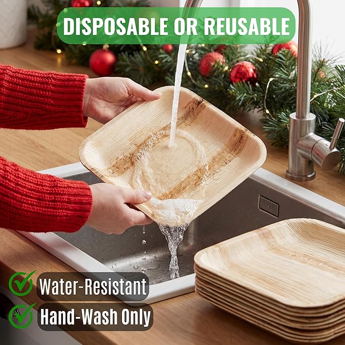 Palm Leaf Plates 10 Inch & 7 Inch – 50 Pack Palm Plates with 50 Wooden Forks & 50 Knives – Bamboo Plates Disposable and Bamboo Dinner Plates for Parties, Holidays, Christmas & New Year