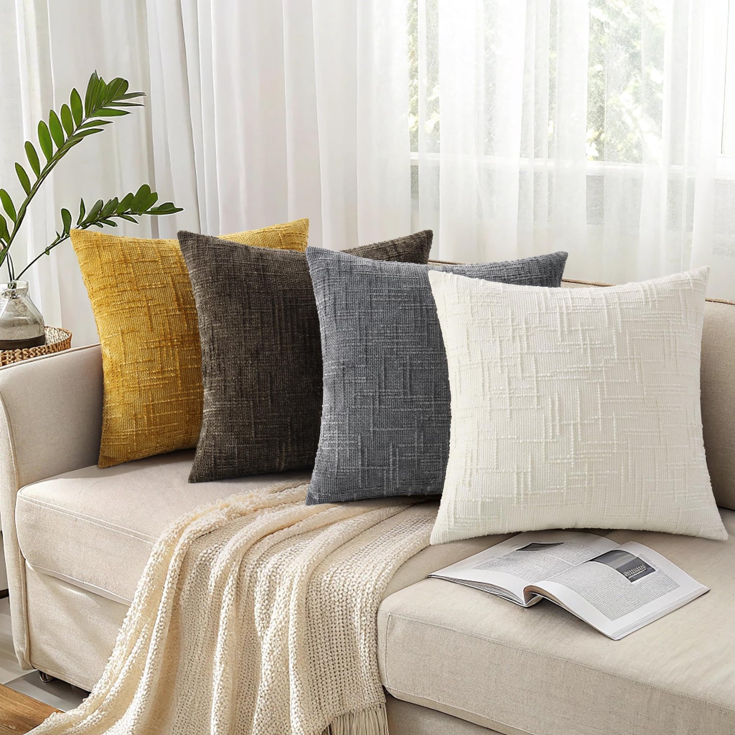 decorUhome Fall Cream White Chenille Throw Pillow Covers 18x18 Set of 2 Thick Textured Slubby Couch Pillow Covers Farmhouse Accent Modern Neutral Decorative Pillow Cases for Bed Sofa Living Room