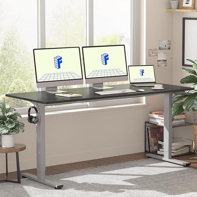 FLEXISPOT EN1 One-Piece Adjustable 60 x 24 Inches Stand Up Desk Workstation Electric Standing Desk with Seamless Desktop (Silver Frame + 60 inches Black Top, 2 Packages)