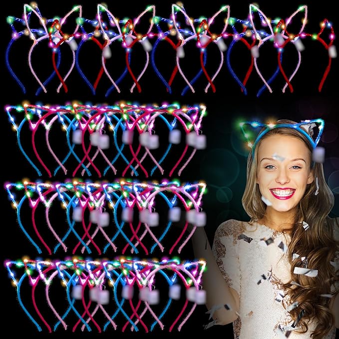 Xinnun 64 Pieces Light up Cat Ears Headband Bunny LED Glow in Dark Cat Animals Ears Hairband Party Supplies for Birthday F...