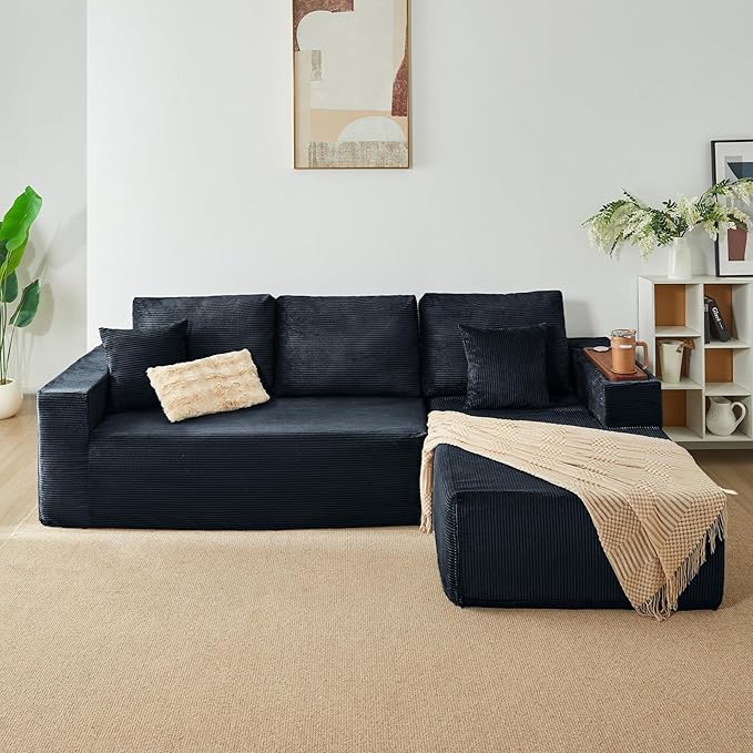 Modular Sectional Sofa Cloud Couch with Multi-Functional Armrests, Boneless Plush L-Shape Living Room Couch with Deep Seat, Fluffy Comfy Sleeper Sofa Easy Assembly (Black, Left Chaise)