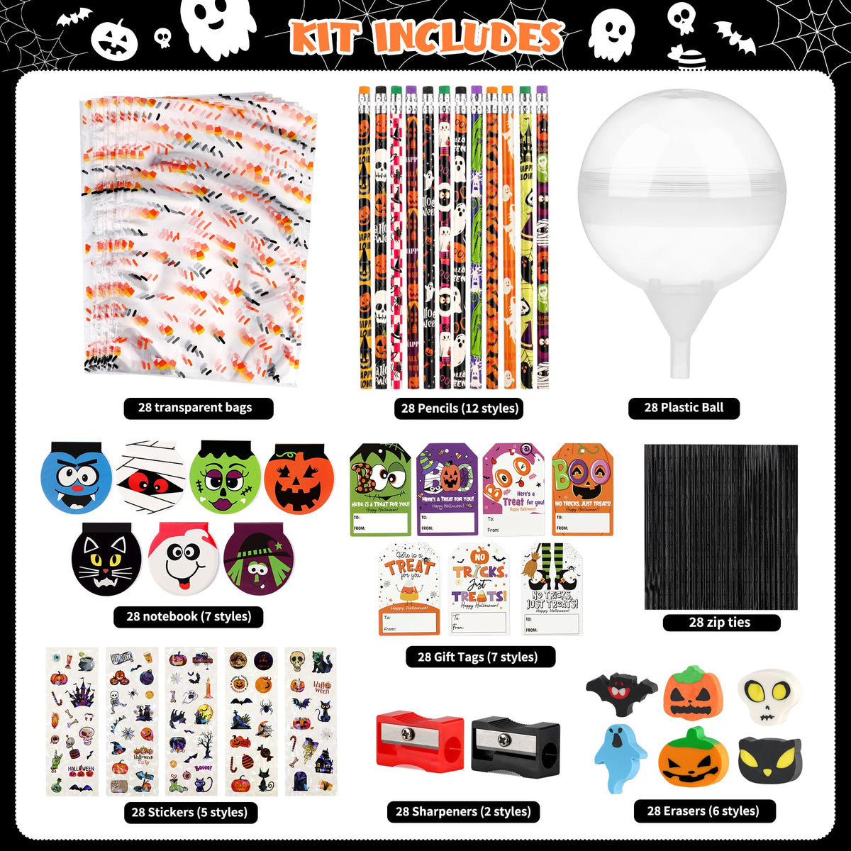 POPGIFTU Halloween Party Favors for Kids - 28 Pack Giant Lollipop-Shaped Stationery Set with Pencil Sticker Erase Notepad Sharpener for Halloween Trick or Treat, Classroom Gifts for Boys & Girls