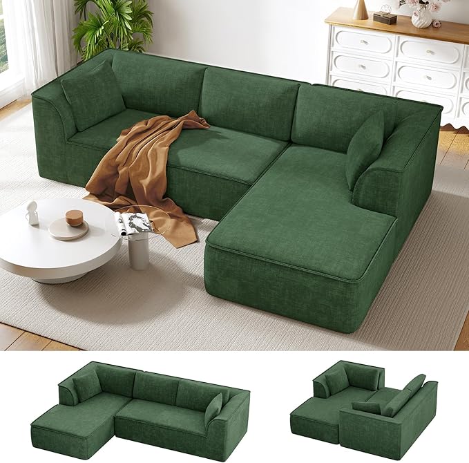 Vesgantti 106" Cloud Sectional Couch with Chaise, Deep Seat Modular Sectional Sofa Chenille Memory Foam Sofa Boneless Couches for Living Room Bedroom, No Assembly Required (Green, Right-Facing Chaise)