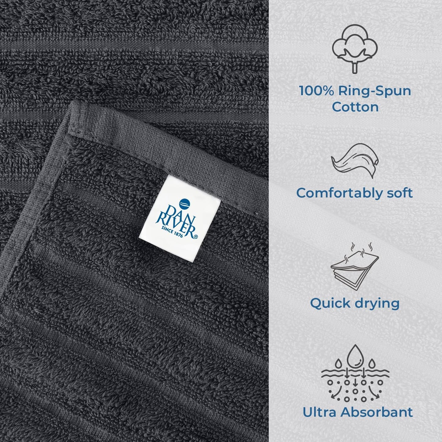 DAN RIVER Pack of 2 Bath Sheet 35x70 Inches, Extra Large Ribbed Bath Towels Oversized, Absorbent Cotton Towels for Bathroom - Dark Gray