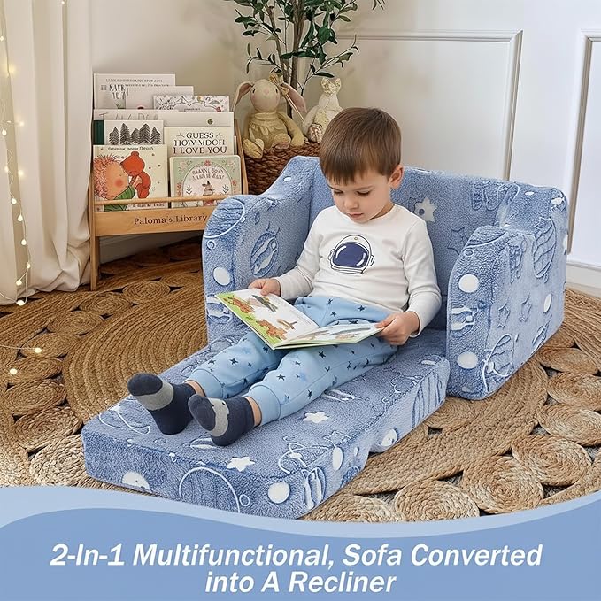 MeMoreCool Toddler Sofa Bed – Glow-in-The-Dark Astronaut Chair for Kids, 2-in-1 Fold-Out Lounger (Denim Planet) Soft Foam | Machine Washable Cover | Ages 1–3 | Playroom & Nursery Nap Couch