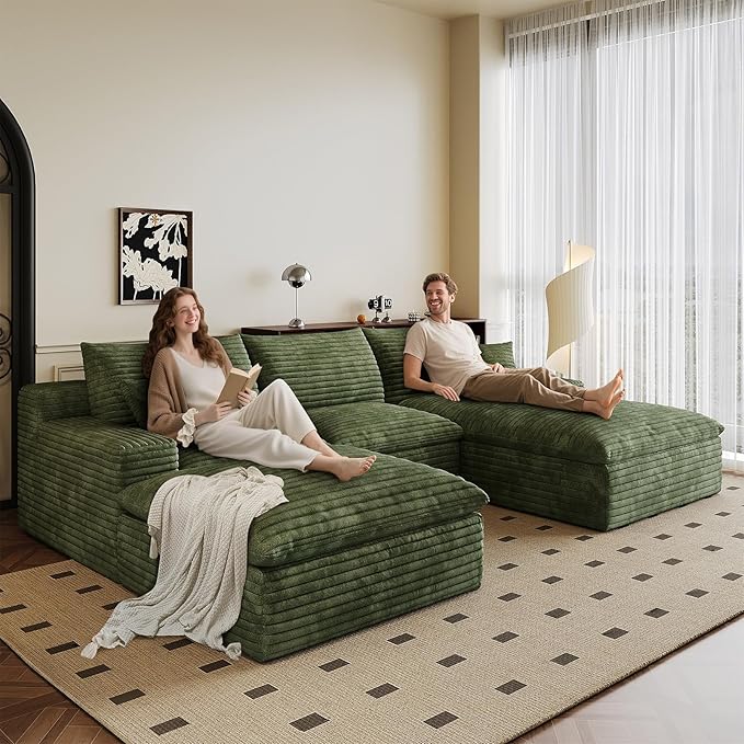 107" Cloud Sectional Couch U-Shaped Chaise with Ottoman, Corduroy Boneless Couch for Living Room Bedroom, Deep-Seat Upholstered Modular Cloud Sofa, No Assembly Required (Green, Right Facing Chaise)