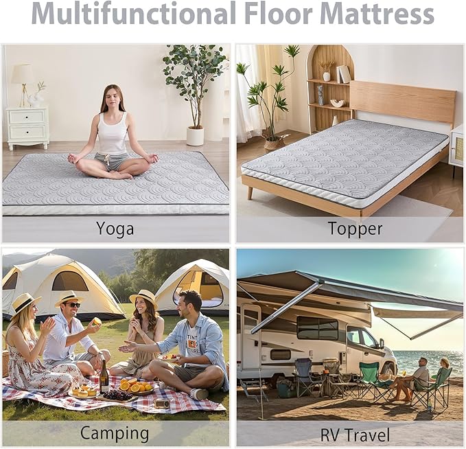 Zelladorra Japanese Floor Mattress, Quilted Futon Mattress with Anti-Slip Bottom, Foldable Floor Bed with Storage Bag and Straps, (Light Grey, Queen)
