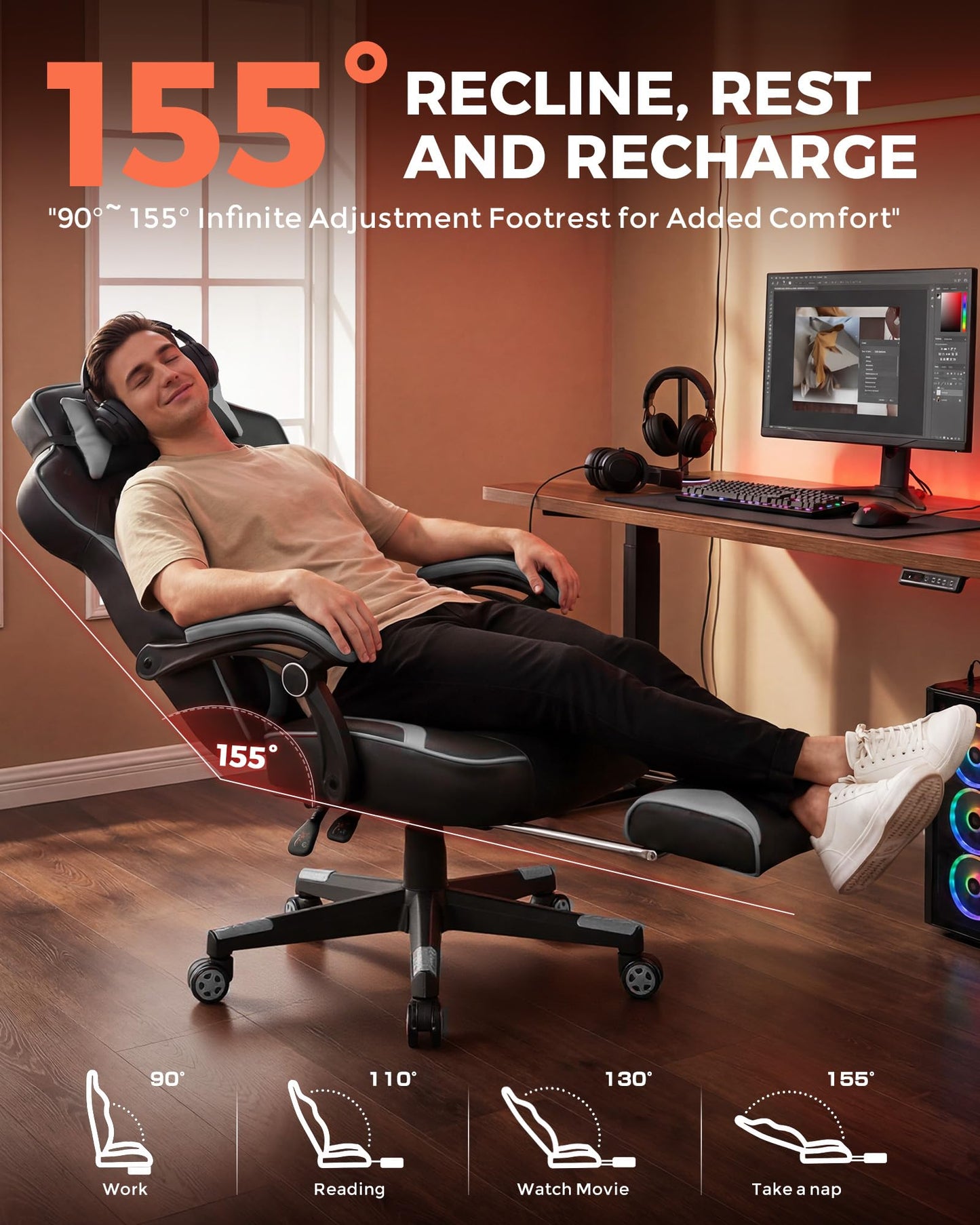 GTPLAYER Gaming Chair for Adults, Big and Tall 350LBS Heavy Duty Office Chair, Ergonomic High Back Lumbar Support and Recliner for Back Pain Relief, Sky Gray
