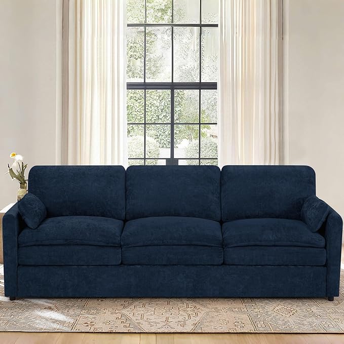 ACMEASE 89” Chenille Sofa w/Arm Pillows, Upholstered 3-Seater Sofa w/Comfortable Back Cushions, Modern 3 Seats Couch w/High-Density Foam for Living Room, Apartment, Office, Blue