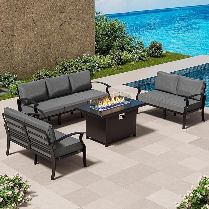 RTDTD Aluminum Outdoor Patio Furniture Set,4 Pieces 7 Seats Patio Conversation Sets with 45" Propane Fire Pit Table,Metal Patio Sectional Furniture Set w/5.1" Cushions for Porch,Deck,Backyard,Grey