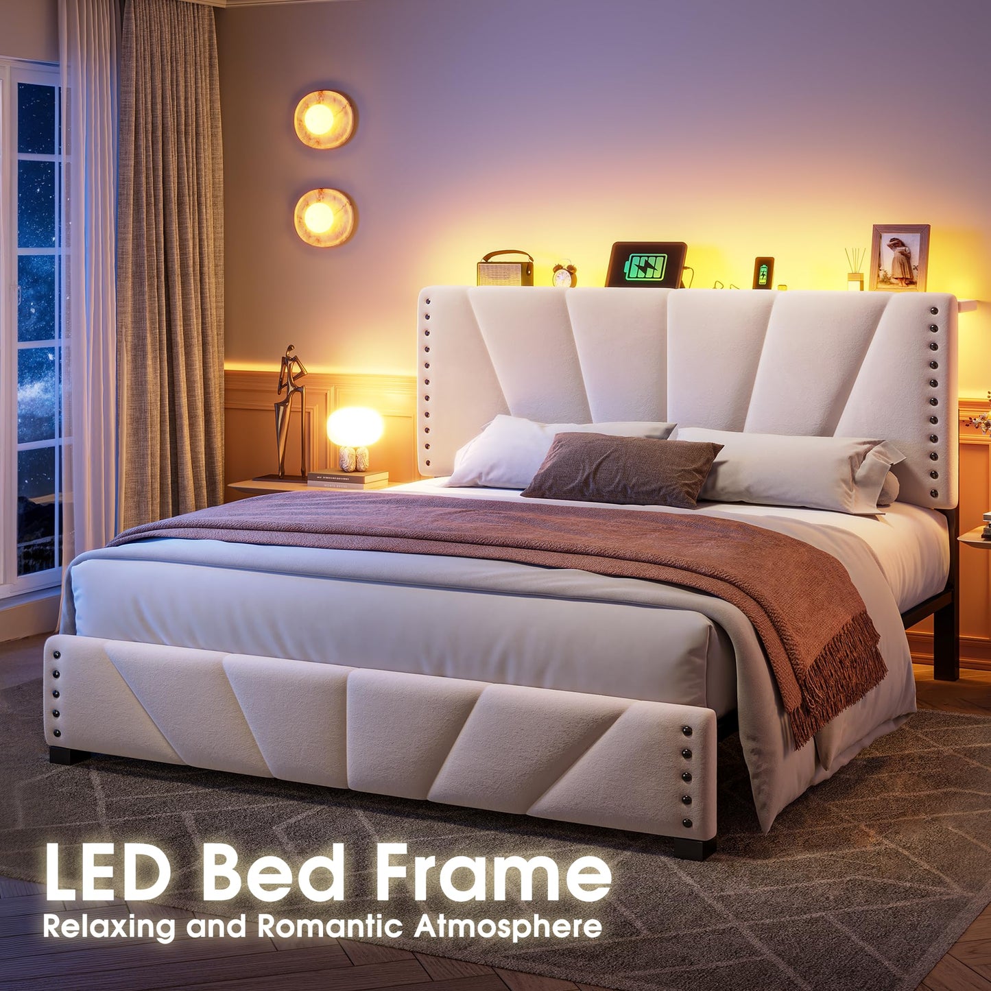 EnHomee Queen Bed Frame with Velvet Headboard and LED Lights, Storage Headboard with Charging Station, Bed Frame Queen Size with Sturdy Wooden Slats Support, Noise-Free, Easy Assembly, Beige