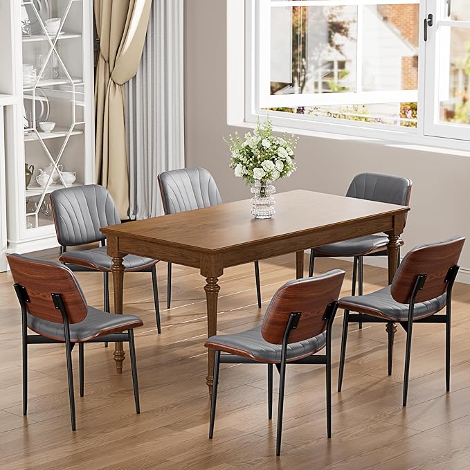 YaFiti Dining Chairs Set of 6, Dining Room and Kitchen Chairs, Mid Century Modern Accent Chair, Upholstered PU Leather Chairs for Vanity with Walnut Bentwood and Metal Legs, Gray