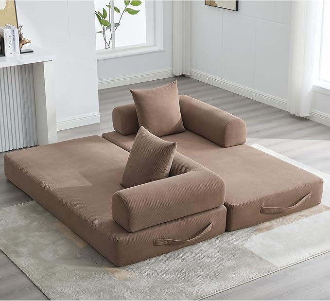 ZEIINPA Convertible Folding Mattress Couch, Comfy Corduroy Sleeper Floor Sofa Bed with Fixed-Shape Frame, Floor Sofa with Armrest, Lounge Couch for Living Room Bedroom Lounge Studio,Brown