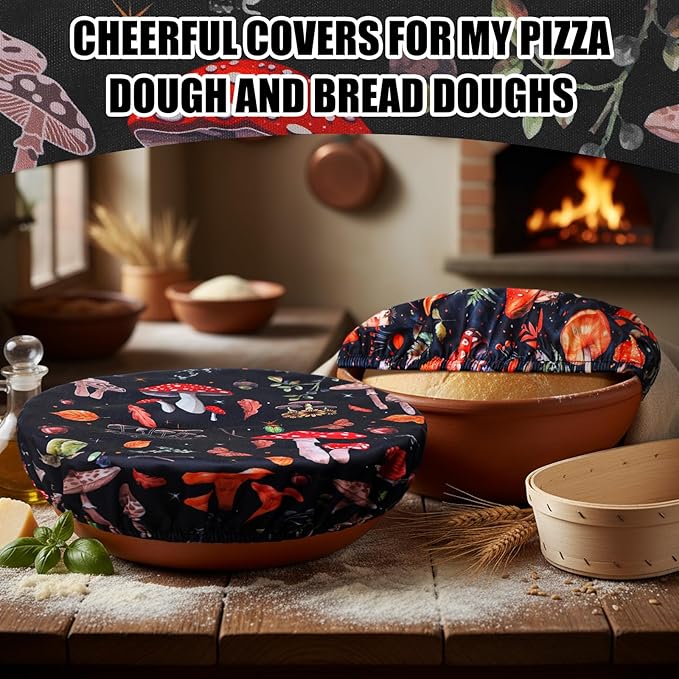 Patelai 10 Pcs Bowl Covers Reusable in 5 Size Stretch Cloth Fabric Elastic Food Storage Bowl Covers Bread Sourdough Lids for Proofing Food Fruits Leftover(Deep Color,Mushroom Style)