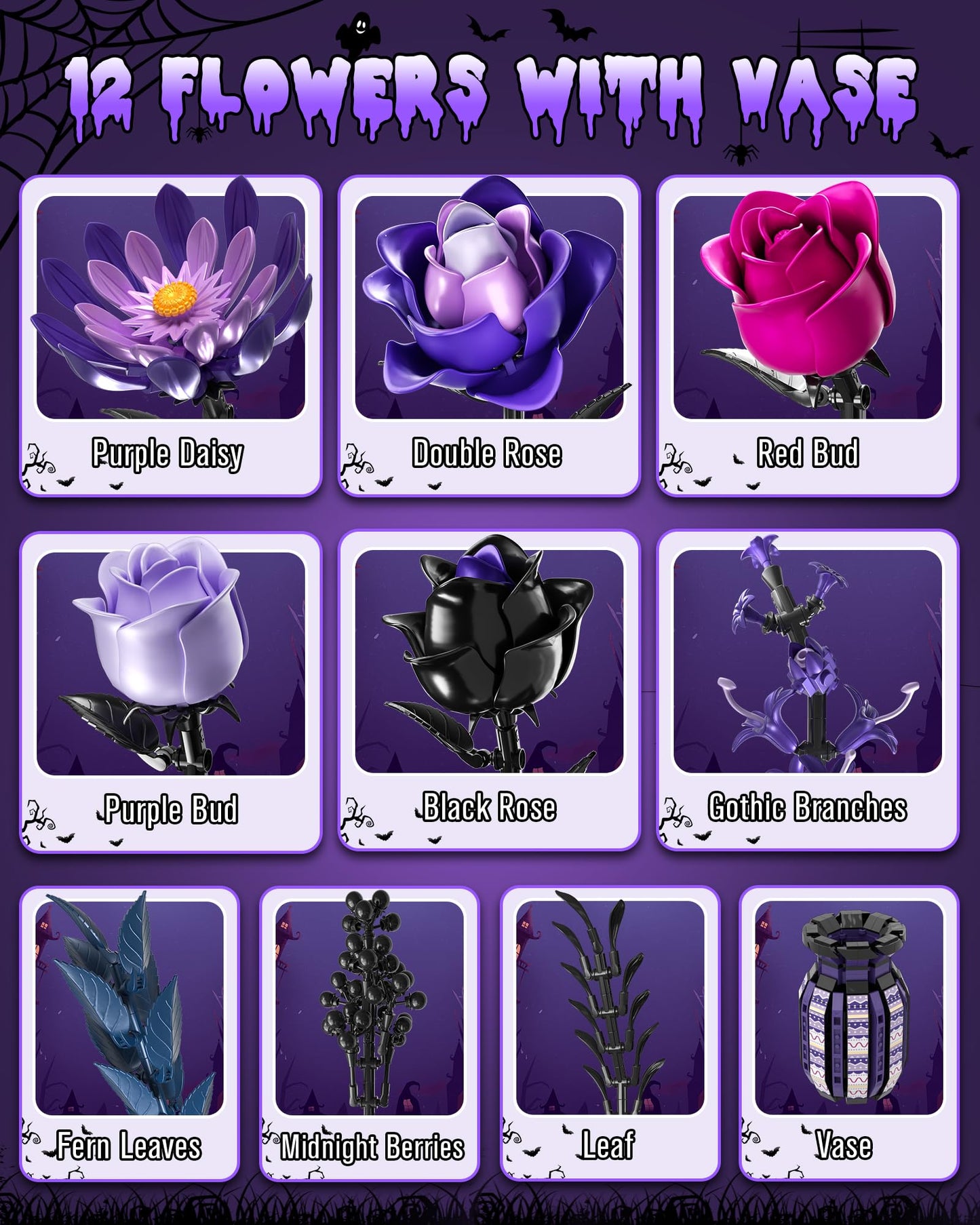 Halloween Flowers Building Set with Vase for Adults, Purple Roses Compatible with Lego Flowers Botanical Collection, 14+