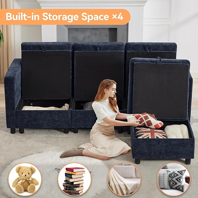 WUTUTUEE 83'' Modular Sectional Sofa Convertible L Shaped Couch Set for Living Room, 4 Seat Storage Modular Sofa with Movable Ottoman, Chenille Navy