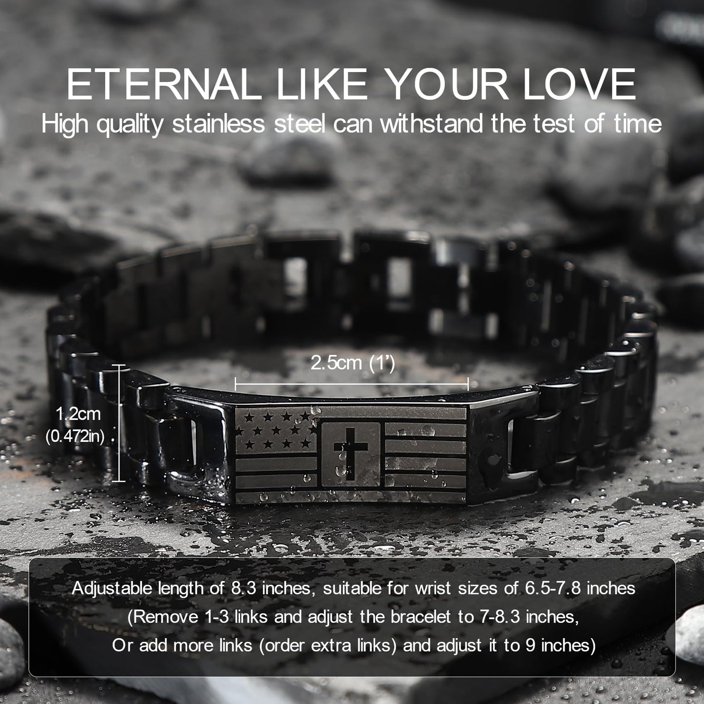 HSM Christian Bracelet for Men– Men’s Bracelet with Bible Verse, Faith & Patriotic Stainless Steel Bracelets for Men, Religious Gift for Husband, Dad, Son – Adjustable Custom Fit