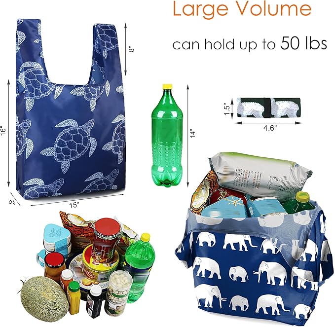 BeeGreen Cat Reusable Grocery Bags 6 Pack - Foldable, Heavy Duty Shopping Tote Bags with Zipper Pouch, Large Capacity (50+ Lbs), Animal Prints Designs for Women & Men, Machine Washable