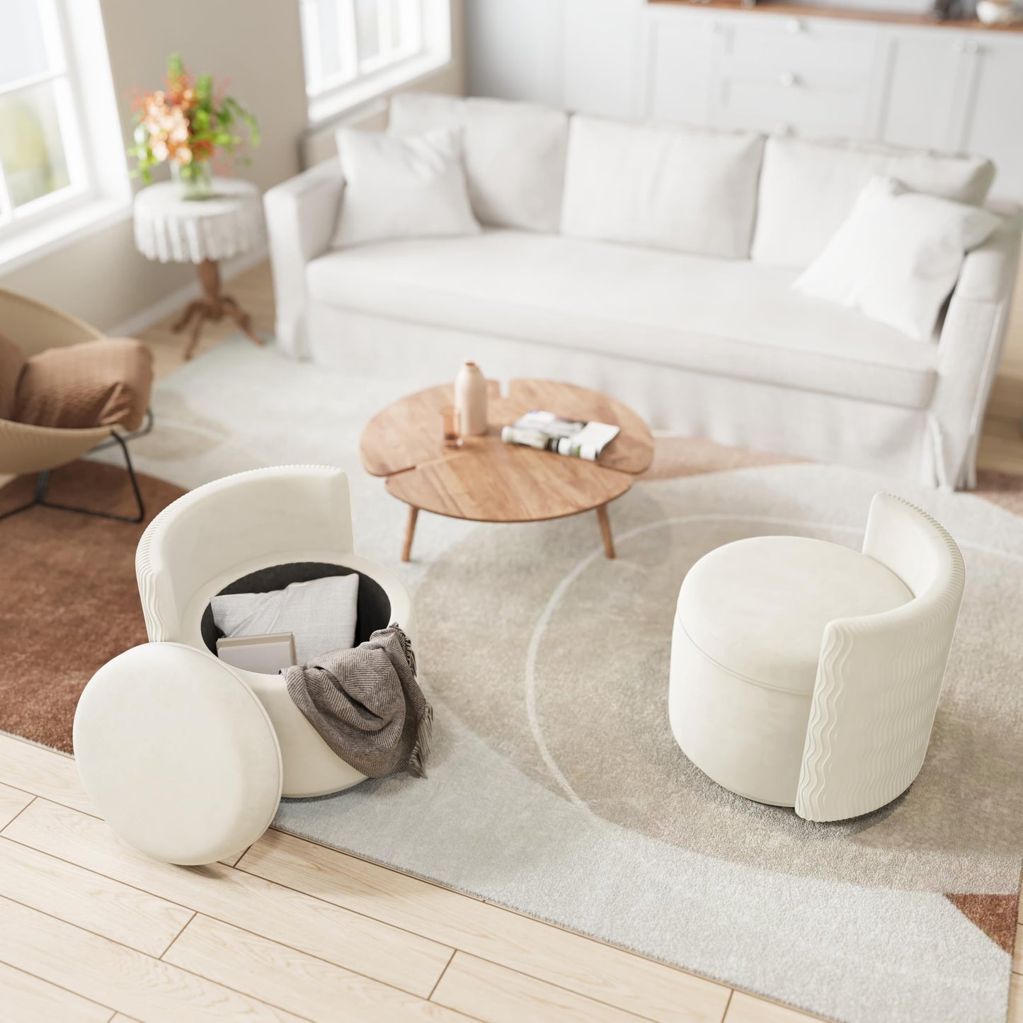 allamazing 360° Swivel Accent Chair with Storage, Vanity Stool with Back, Velvet Storage Ottoman, Upholstered Round Barrel Vanity Chair for Living Room, Makeup Room, Bedroom (Off White)