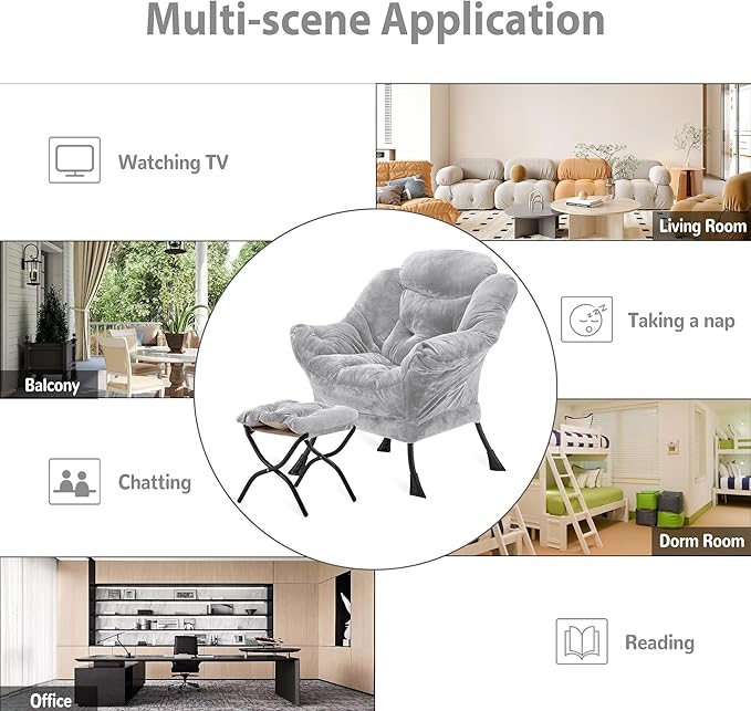 Youtanic Lazy Chair with Folding Ottoman, Accent Chair Plush Upholstered with Metal Structure and Non-Slip Pads, Sofa Armchair with Footrest and Side Storage Bag for Dorm, Room, Office, Light Gray