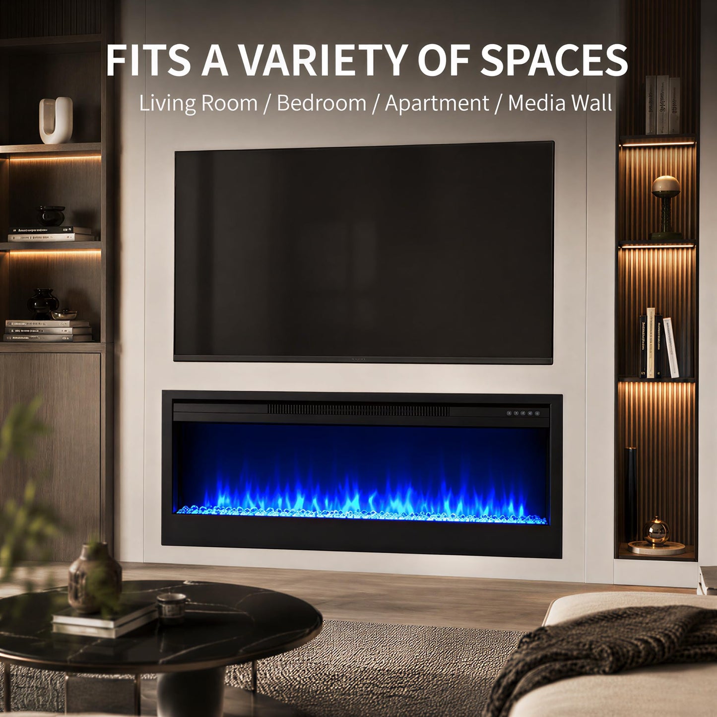 MEGAWISE 43 Inch Recessed Electric Fireplace Heater, Built-in Wall Fireplace Insert, 1400W, Remote & Touch Control, 7 Flame & Ember Bed Colors, Adjustable Thermostat, Timer, Black